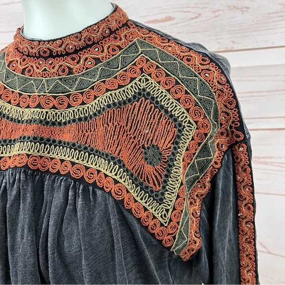 Free People Snow Bunny Boho Burnt Orange Embroidered Boxy Swing Top - Picture 4 of 12